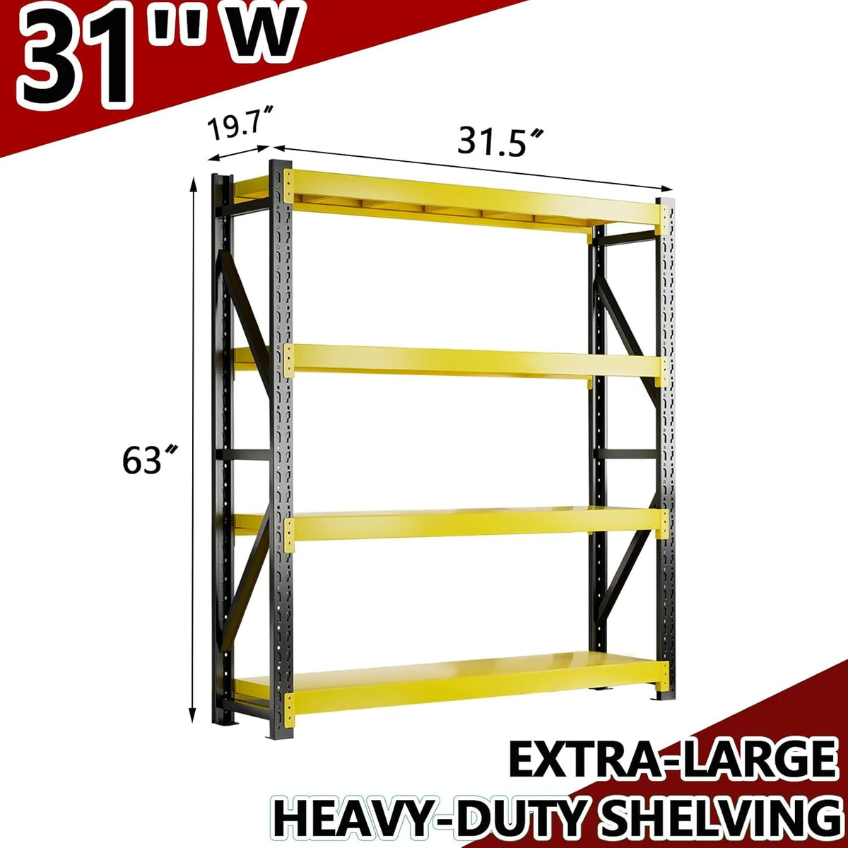 3000 lb Heavy - Duty Garage Shelving, 31.5" W Metal Shelves, 4 - Tier Adjustable Garage Shelving Units, Storage Racks for Warehouse, Workshop