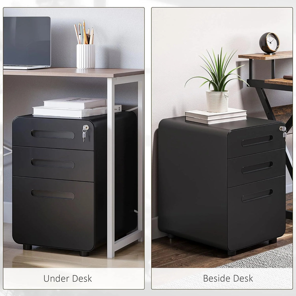 Lockable Three-Drawer Mobile Filing Cabinet, Black