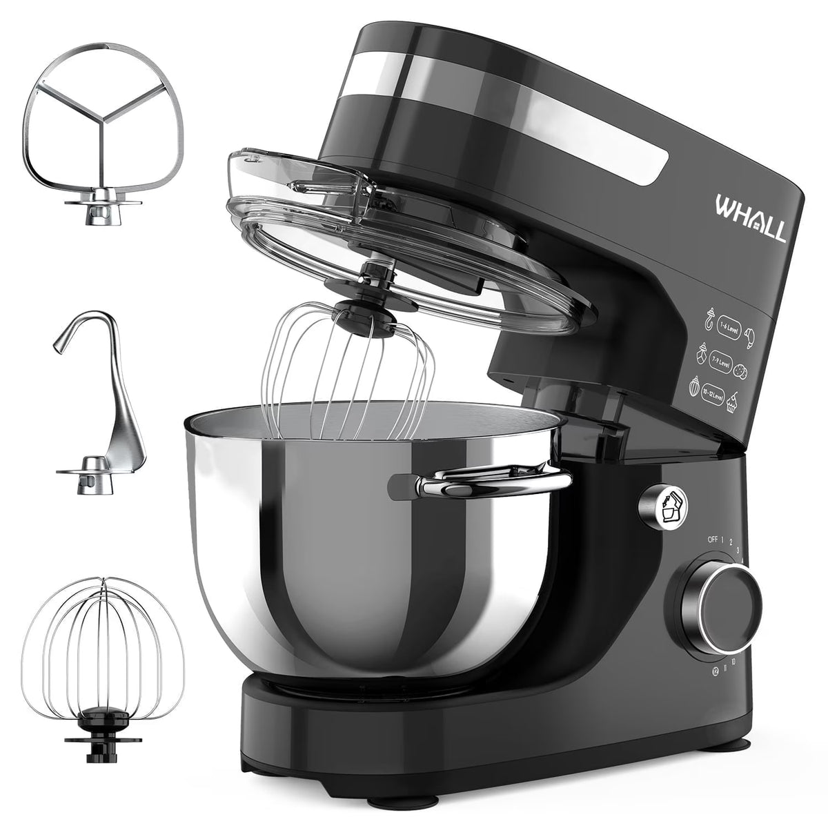 WHALL Stand Mixer - 5.5qt 12 - Speed Tilt - Head Electric Kitchen Mixer with Dough Hook/Wire Whip/Beater, Stainless Steel Bowl (Black) New