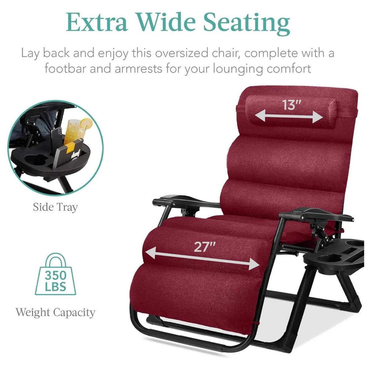 Oversized Chair, Folding Outdoor Patio Recliner, XL Anti Gravity Lounger W/Removable Cushion, Cup Holder, Side Tray, 350 lb Capacity - Taupe