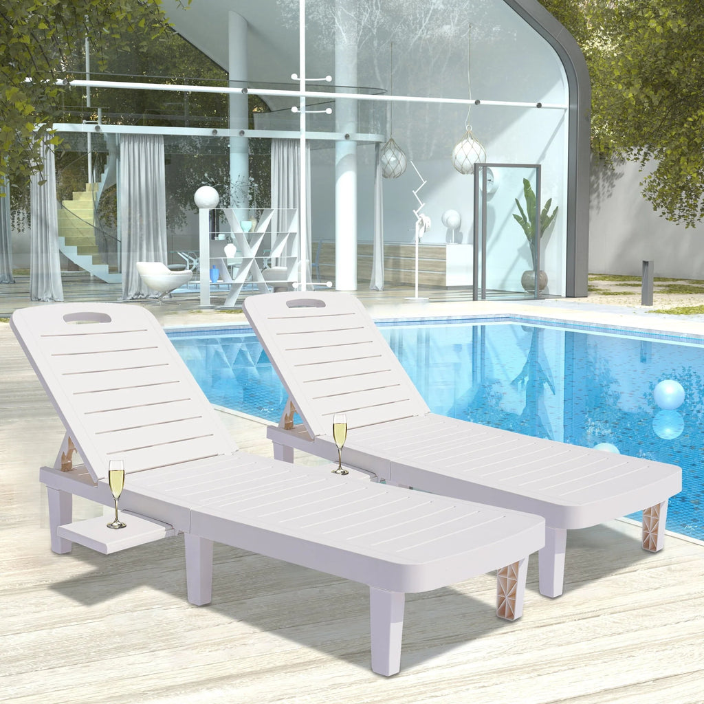 Patio Lounge Chair Set of 2, Adjustable Chaise with Side Table, Outdoor Lounger Recliner for Poolside, Patio, Backyard, Wood Texture Design | Waterproof | Easy to Assemble | Max Weight 330 lb White