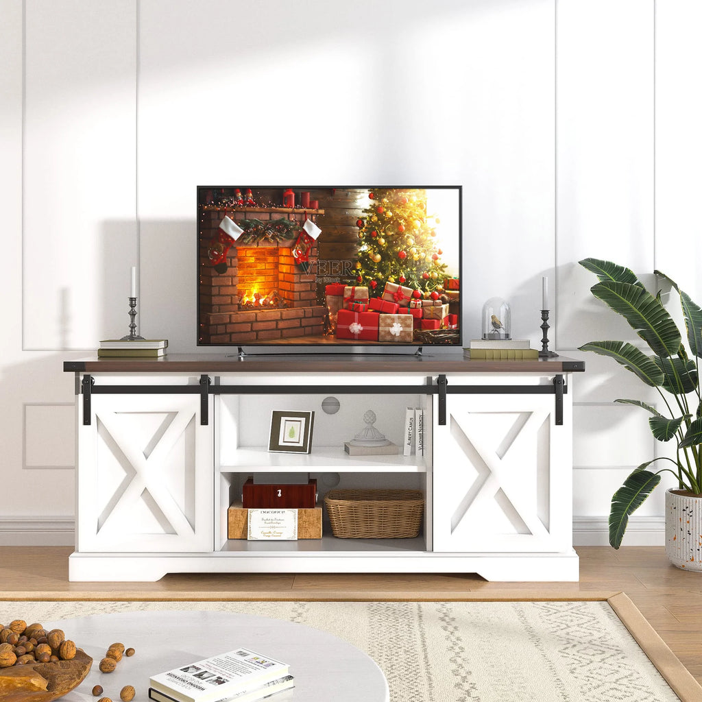 Chvans Farmhouse Barn Door TV Stand for up to 65" Tvs & 23" Electric Fireplace, Entertainment Center Console Table with Adjustable Shevles