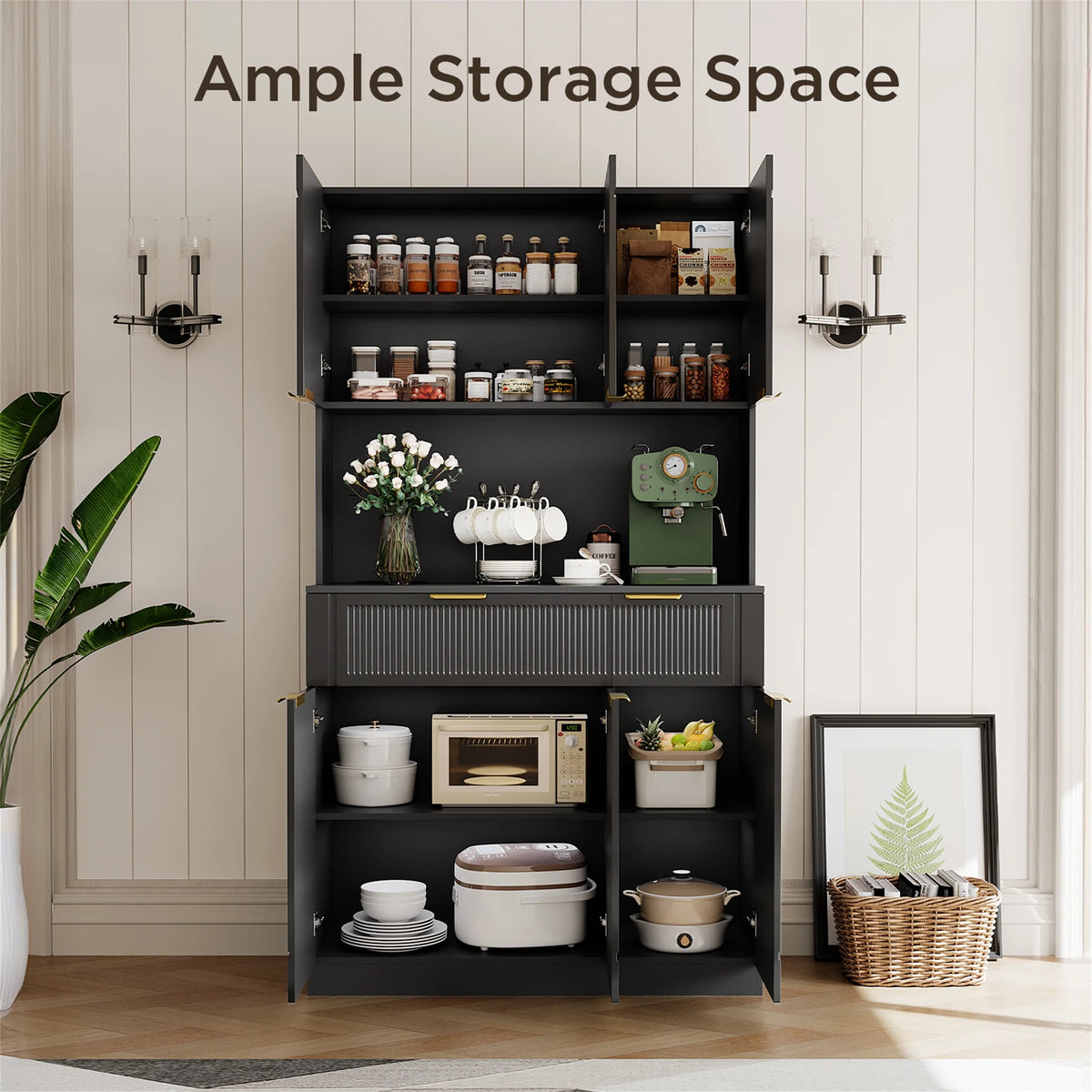 Planntonneo 71'' Tall Kitchen Pantry Storage Hutch Cabinet with Doors and Shelves, Grey Oak
