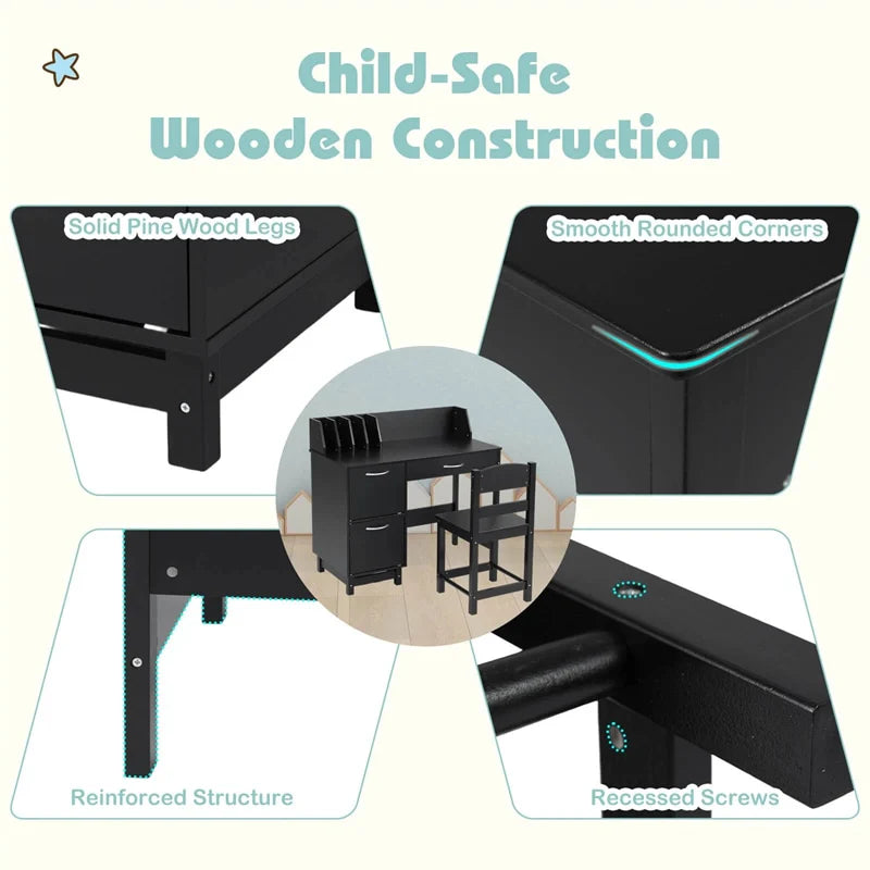Wooden Kids Desk and Chair Set with Hutch, Storage Drawer & Cabinet, Children School Study Table Writing Computer Workstation for Ages 3-8