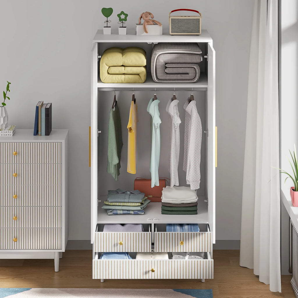 Oubayajia Wardrobe Armoire Closet, 2 Fluted Doors Wardrobe Cabinet with 3 - Drawer and Hanging Rod, Wood Wardrobe Storage for Bedroom