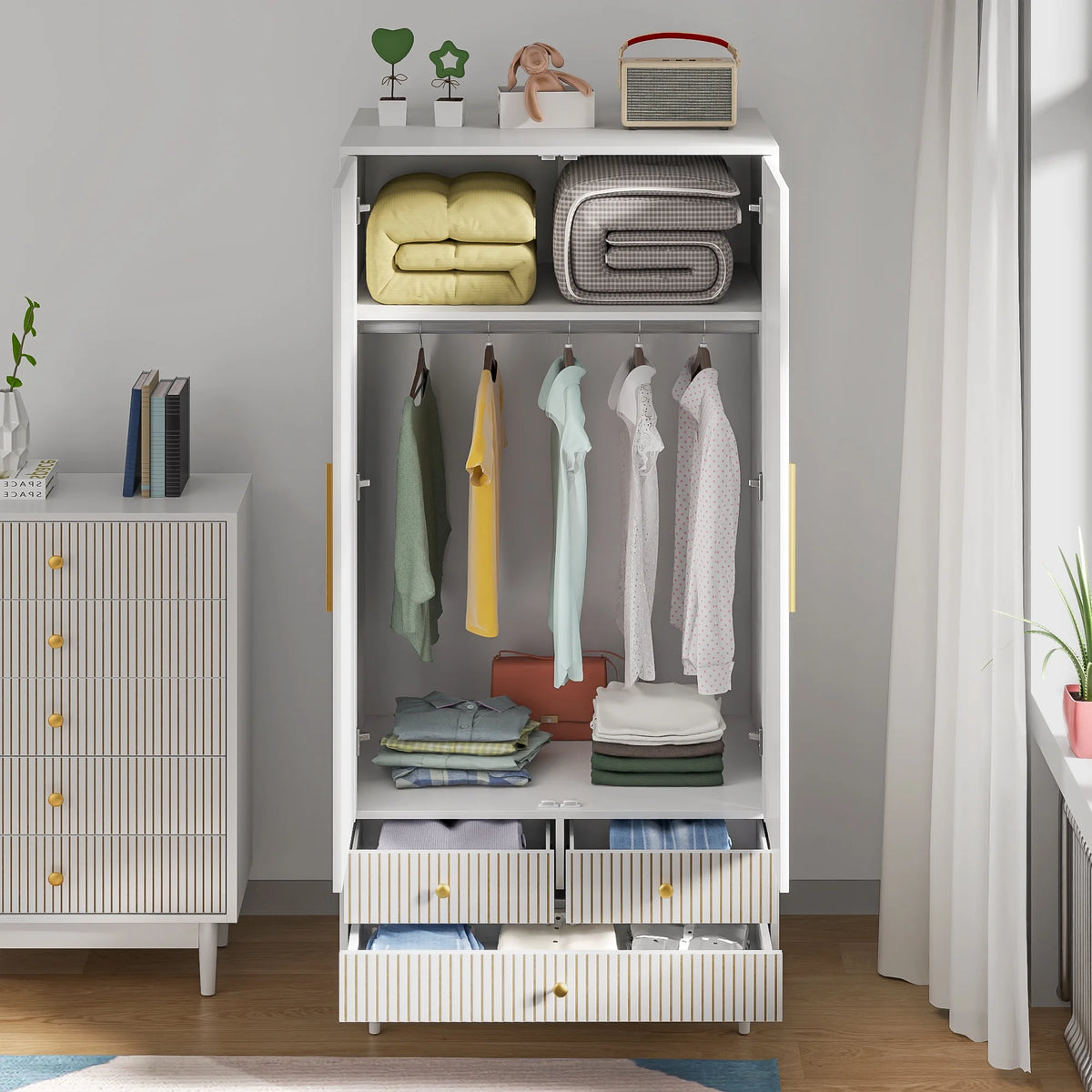 Oubayajia Wardrobe Armoire Closet, 2 Fluted Doors Wardrobe Cabinet with 3 - Drawer and Hanging Rod, Wood Wardrobe Storage for Bedroom