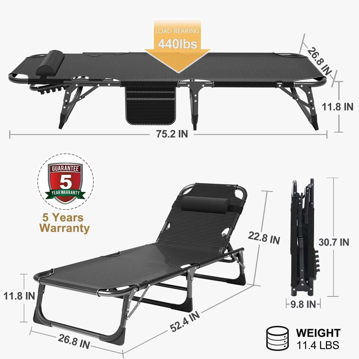 MOPHOTO Lounge Chair with Mattress, Outdoor Chaise Lounge Support 440 lb, Adjustable Portable Heavy Duty Sleeping Cots Bed for Camping, Pool, Beach, Patio