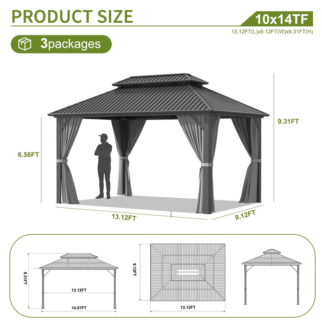MUCHANT 10'X12' Hardtop Gazebo with Aluminum Frame, Permanent Outdoor Pavilion Metal Gazebo with Galvanized Steel Double Roof & Mosquito Netting and Curtains for Patios, Gardens, Lawns, Gray