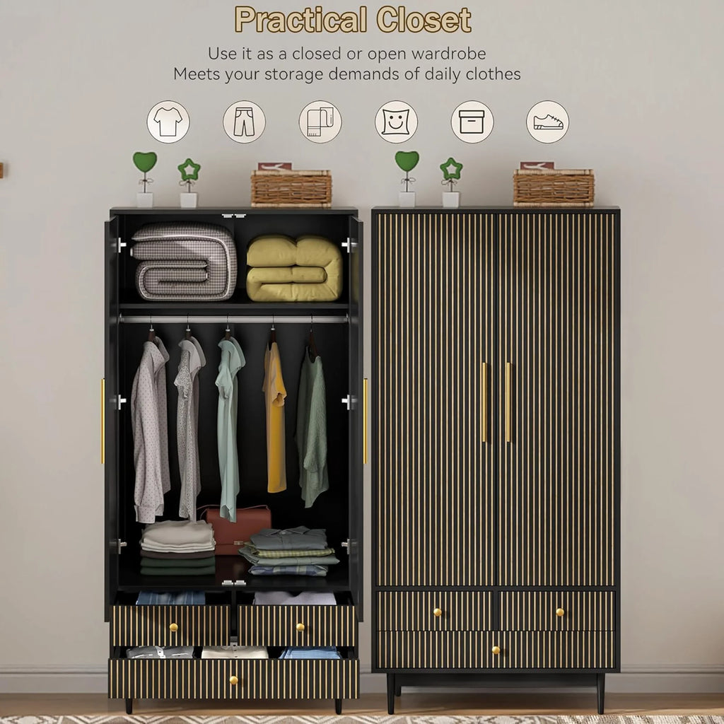 Oubayajia Wardrobe Armoire Closet, 2 Fluted Doors Wardrobe Cabinet with 3 - Drawer and Hanging Rod, Wood Wardrobe Storage for Bedroom