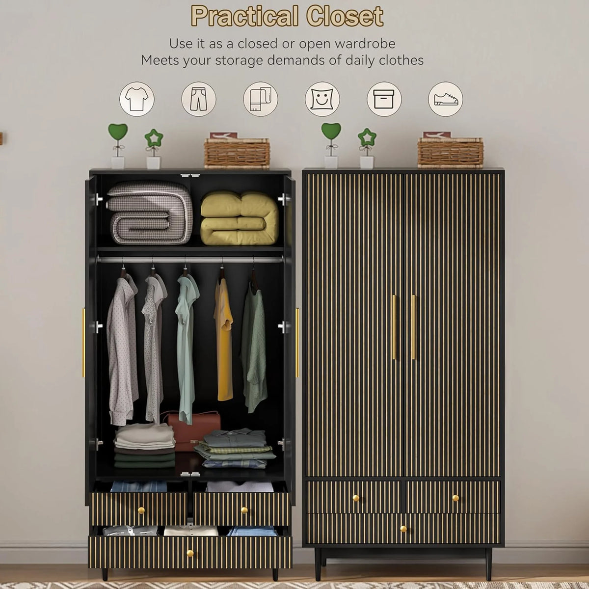 Oubayajia Wardrobe Armoire Closet, 2 Fluted Doors Wardrobe Cabinet with 3 - Drawer and Hanging Rod, Wood Wardrobe Storage for Bedroom