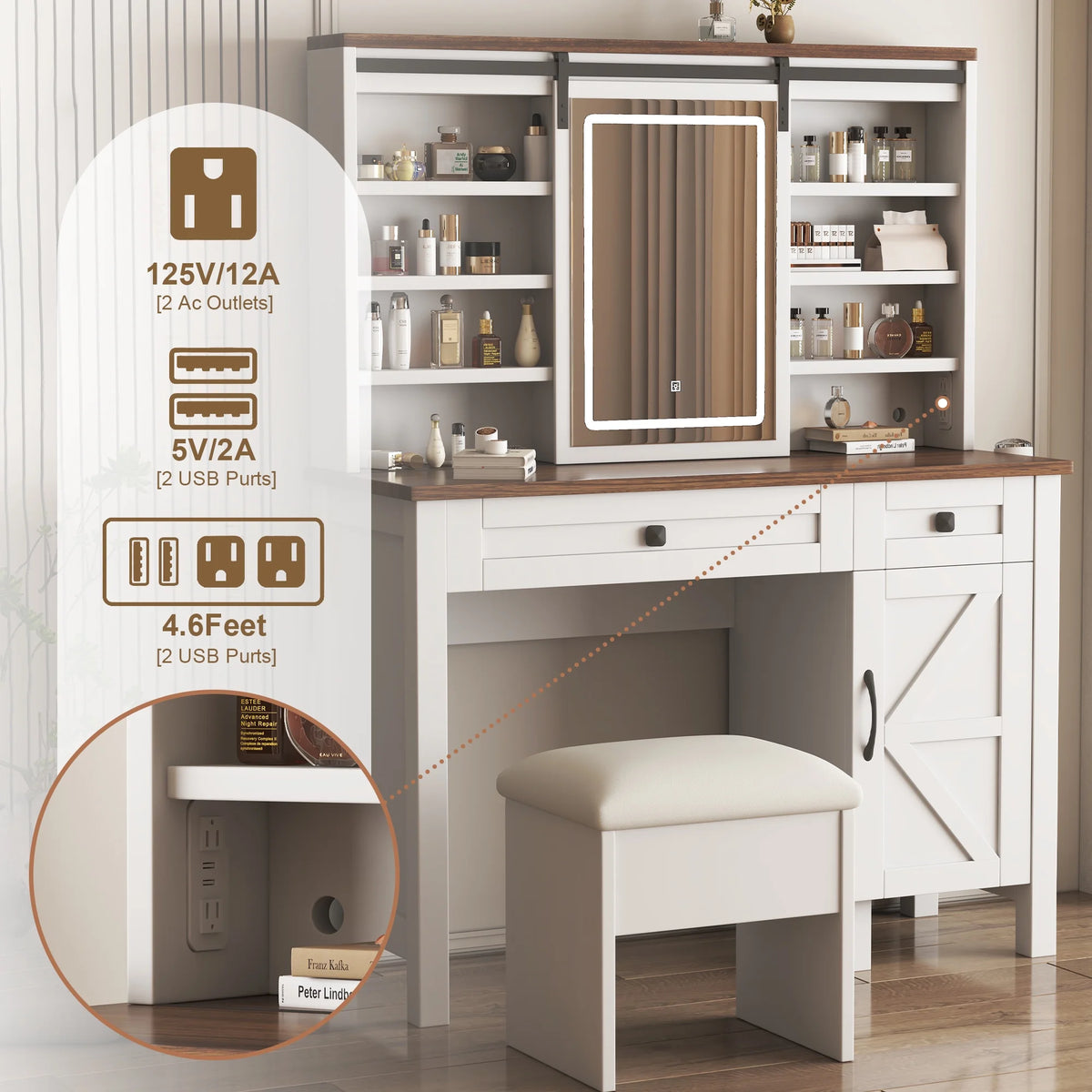 Montary Modern Mini Vanity W/Adjustable LED Mirror + Hidden Storage, Padded Stool & Dustproof Shelves (White)