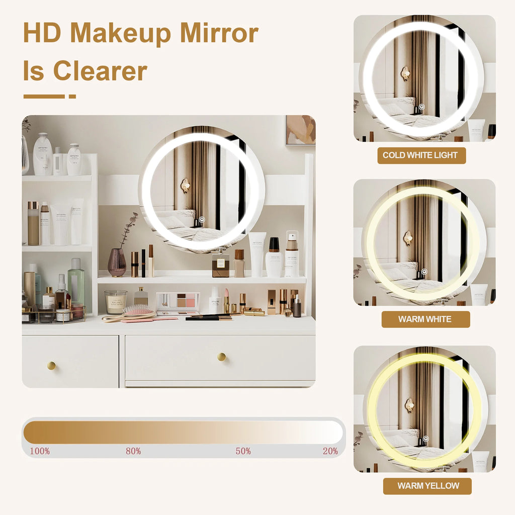 Montary Modern Mini Vanity W/Adjustable LED Mirror + Hidden Storage, Padded Stool & Dustproof Shelves (White)