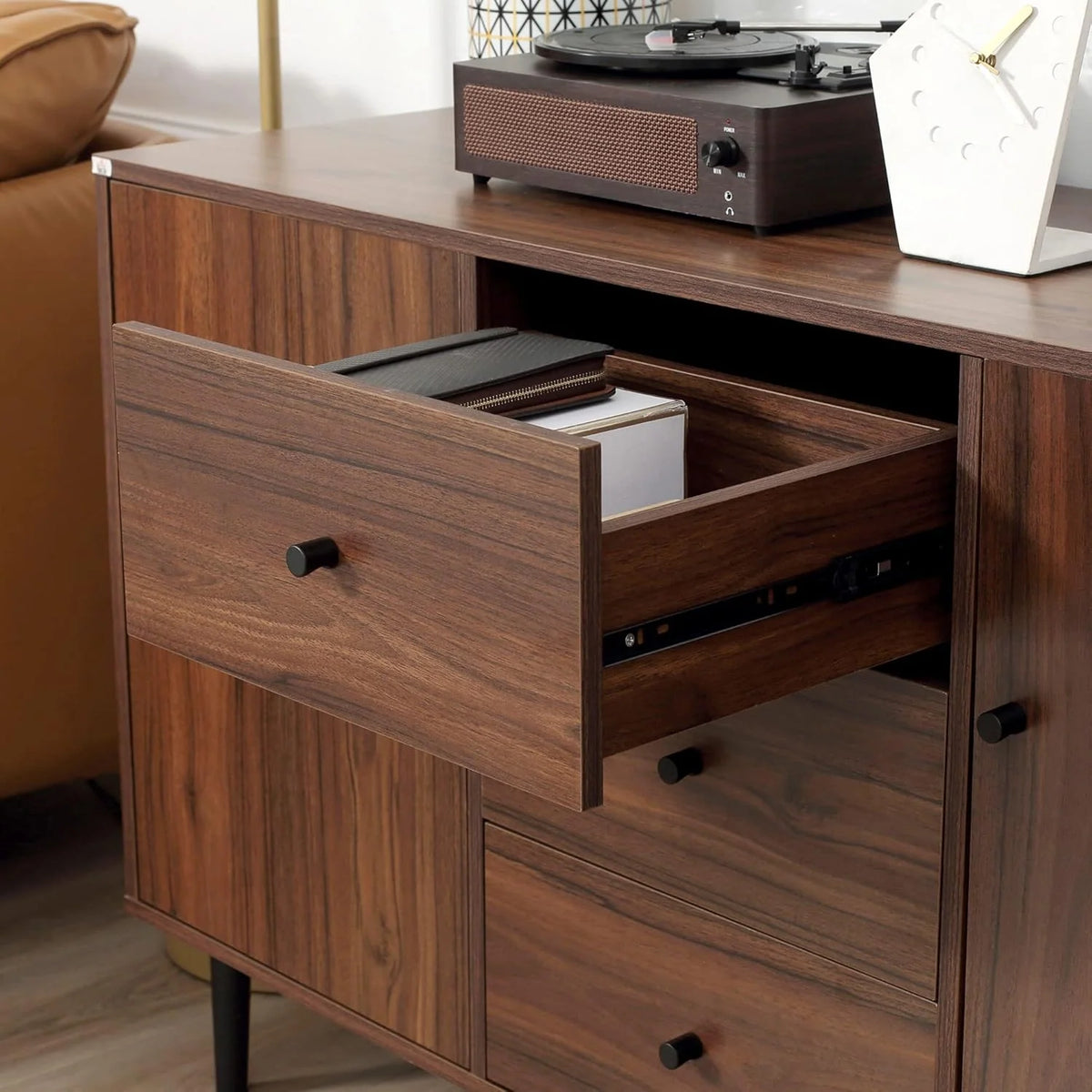 Kitchen Sideboard with Two Cabinets and Three Drawers, Rustic Brown
