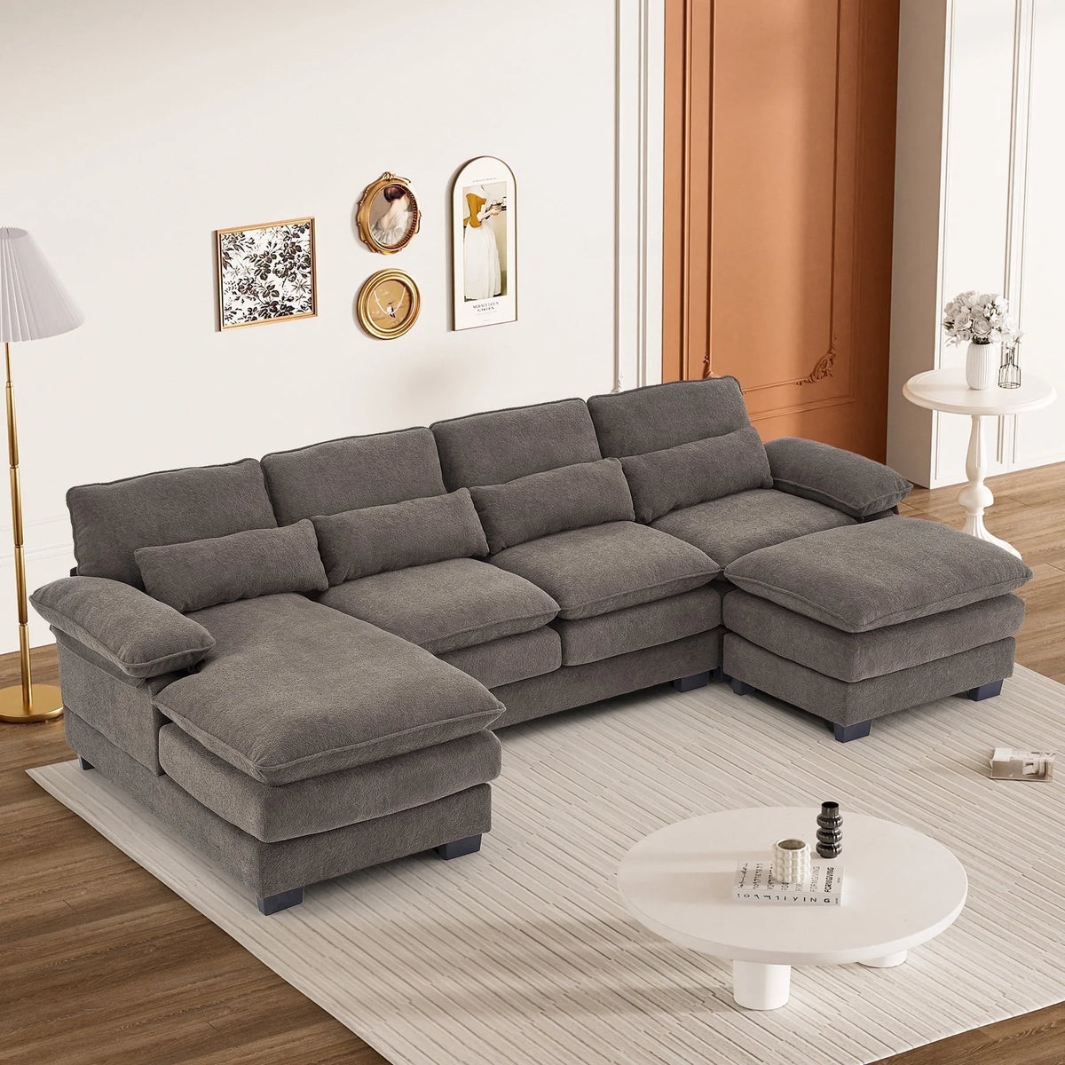 Rophefx 114.3" U Shaped Sectional Couches for Living Room, Cloud Couch, 4 Seats Chenille Couch with Double Layer Cushion, Orange