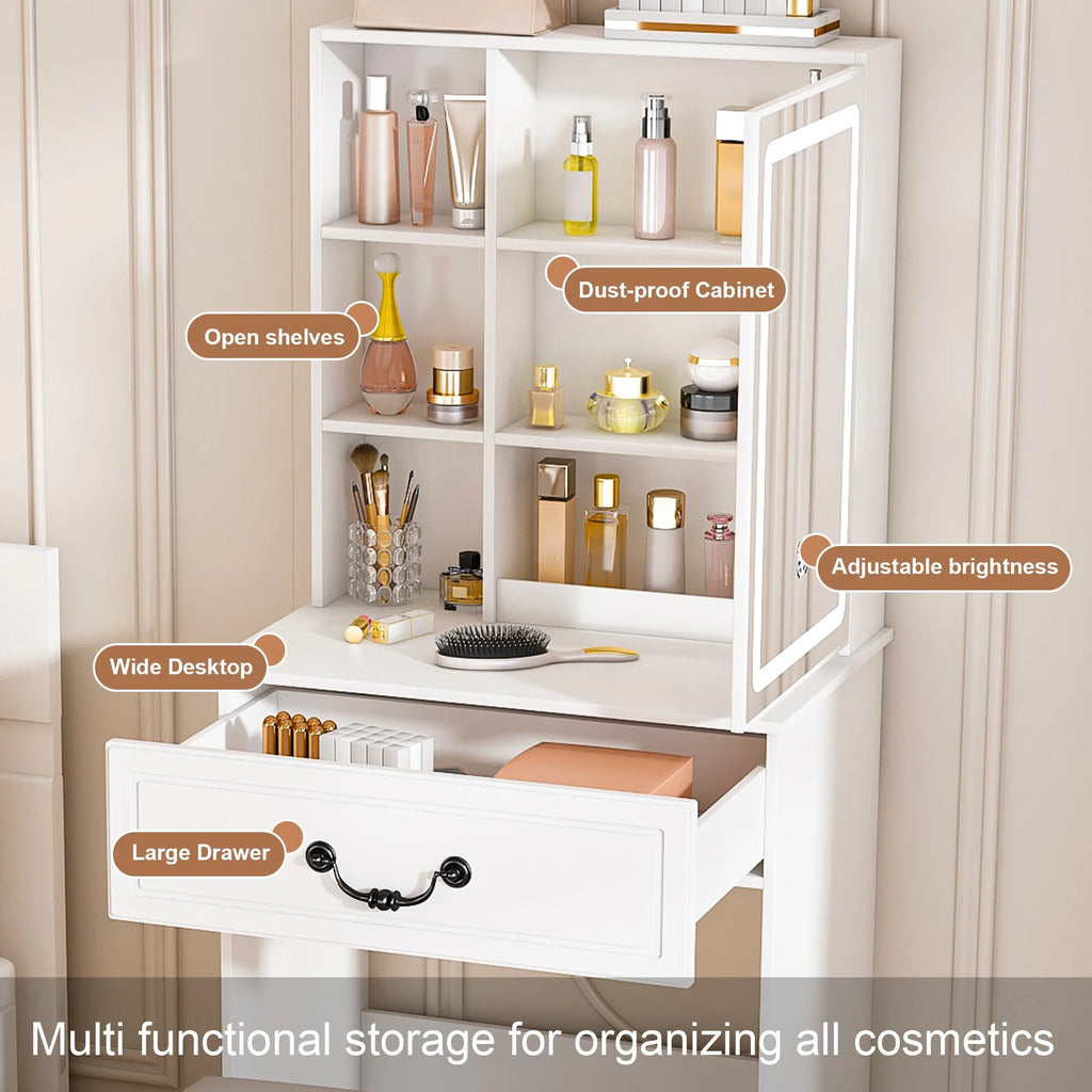 Montary Modern Mini Vanity W/Adjustable LED Mirror + Hidden Storage, Padded Stool & Dustproof Shelves (White)