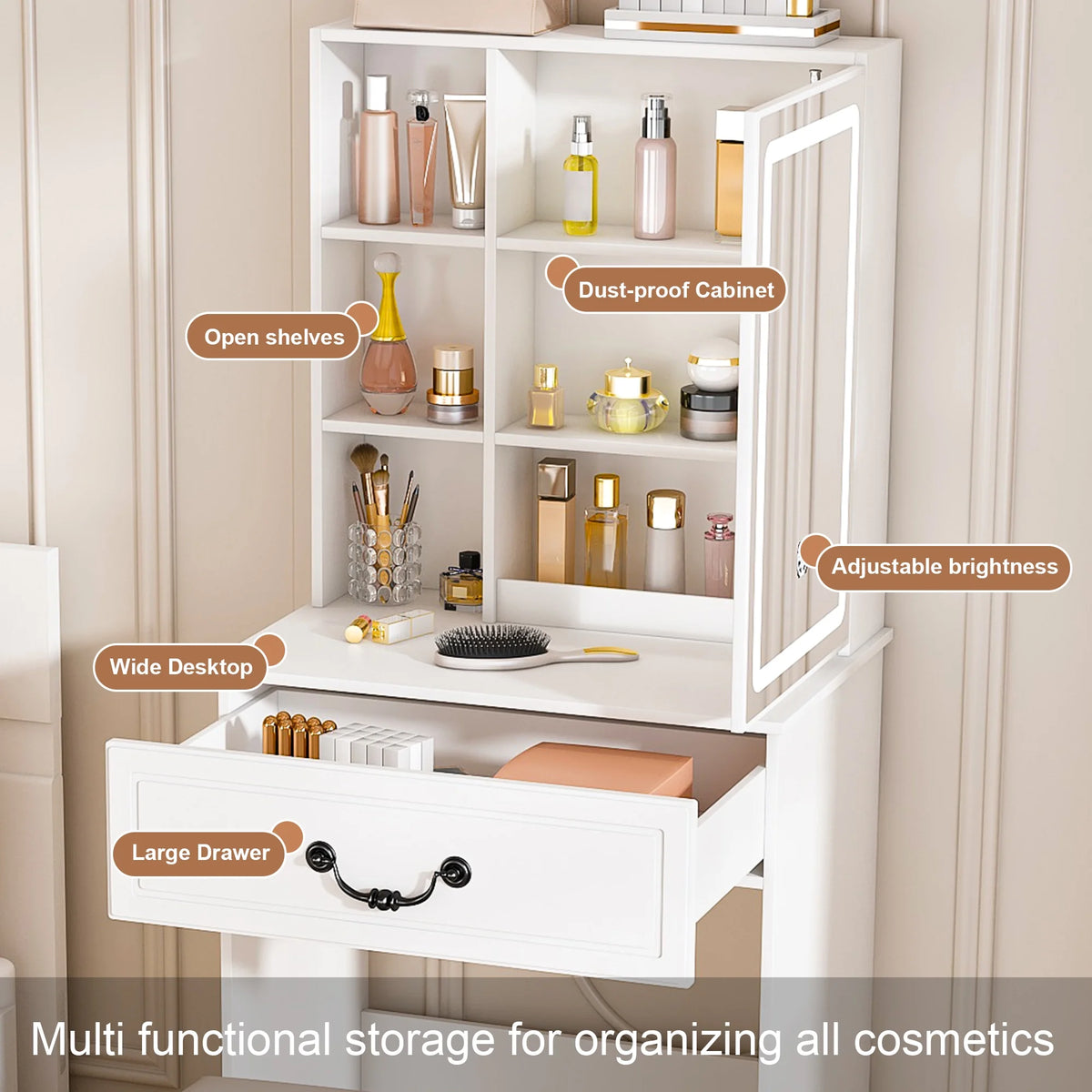 Montary Modern Mini Vanity W/Adjustable LED Mirror + Hidden Storage, Padded Stool & Dustproof Shelves (White)