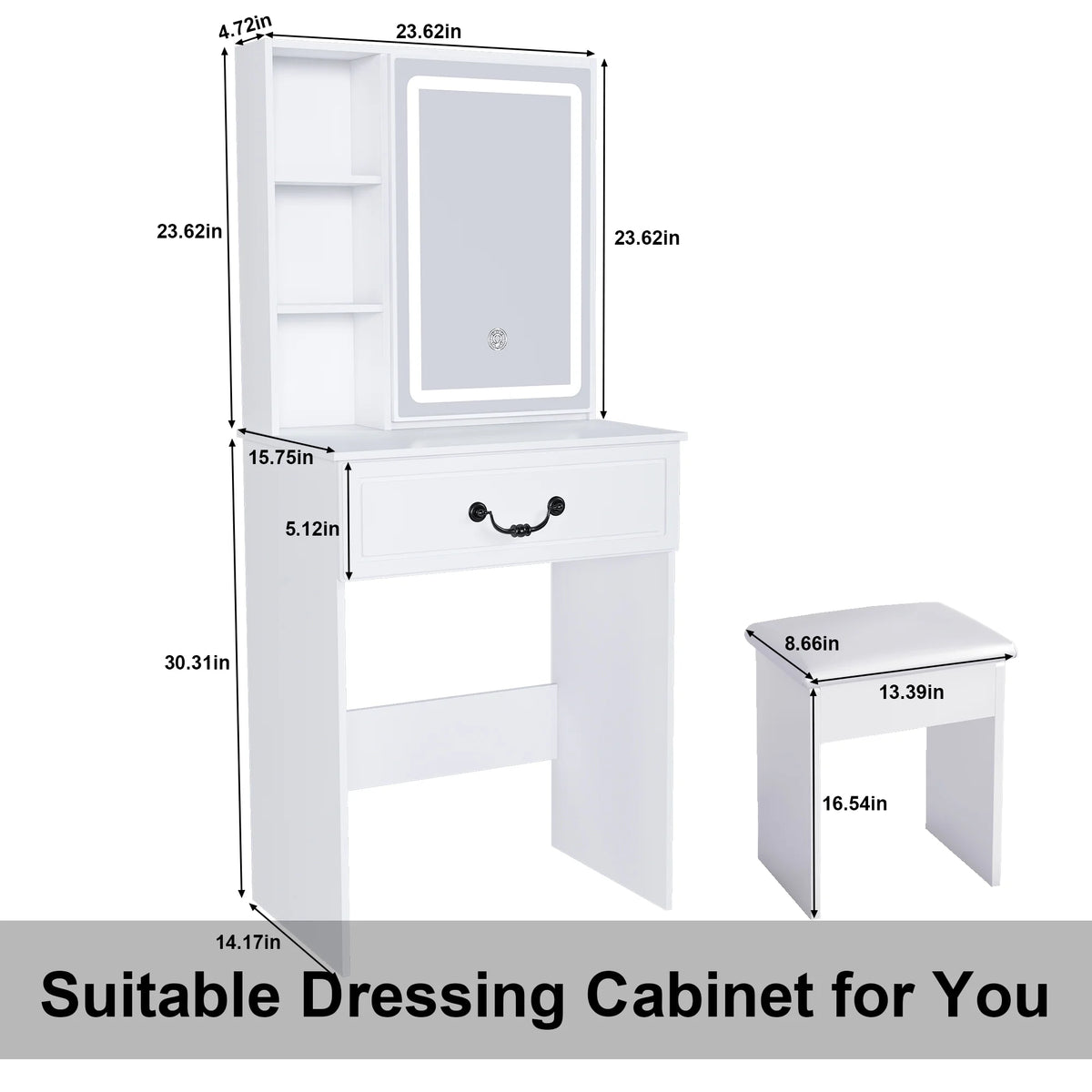 Montary Modern Mini Vanity W/Adjustable LED Mirror + Hidden Storage, Padded Stool & Dustproof Shelves (White)