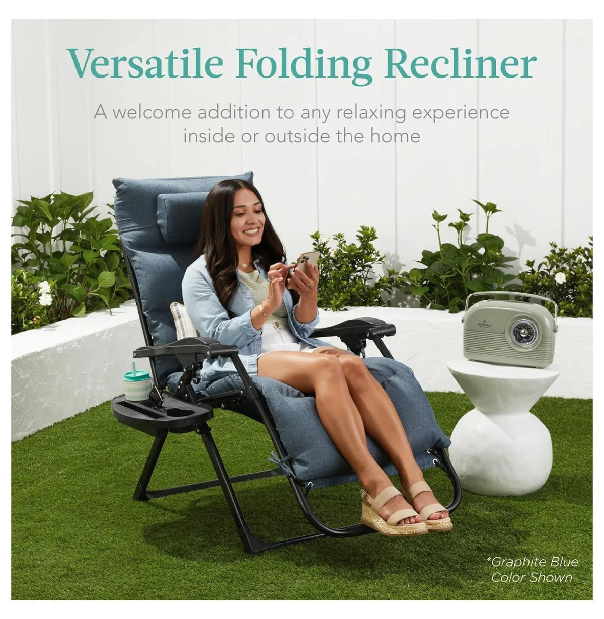 Oversized Chair, Folding Outdoor Patio Recliner, XL Anti Gravity Lounger W/Removable Cushion, Cup Holder, Side Tray, 350 lb Capacity - Taupe