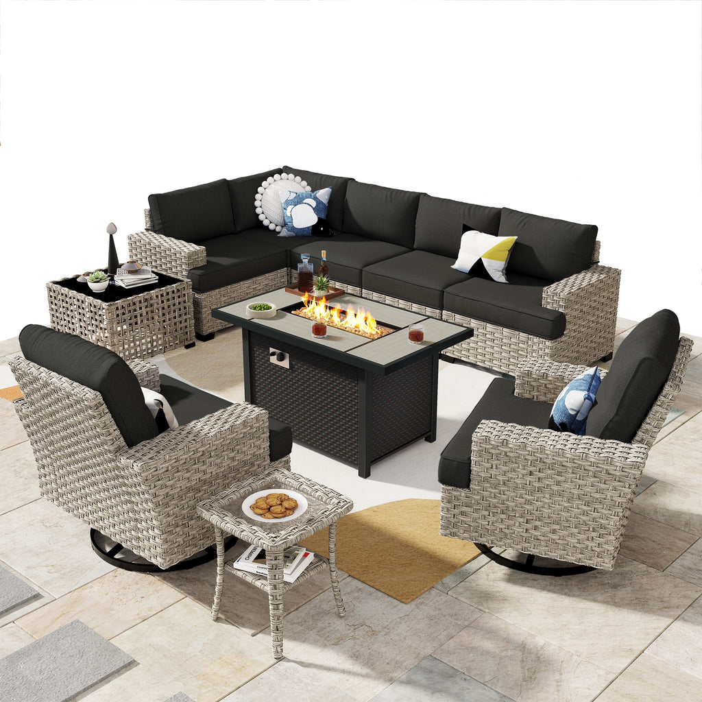 Ovios 10 Pieces Outdoor Patio Furniture Modern High - Back All - Weather Wicker Sectional Conversation Set with Propane Fire Pit Table & Swivel Chair, Dark Gray