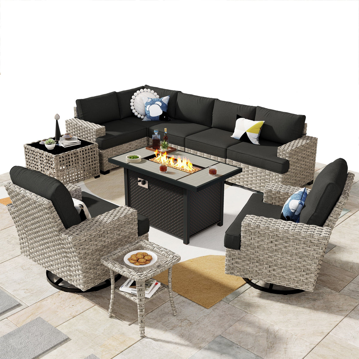 Ovios 10 Pieces Outdoor Patio Furniture Modern High - Back All - Weather Wicker Sectional Conversation Set with Propane Fire Pit Table & Swivel Chair, Dark Gray