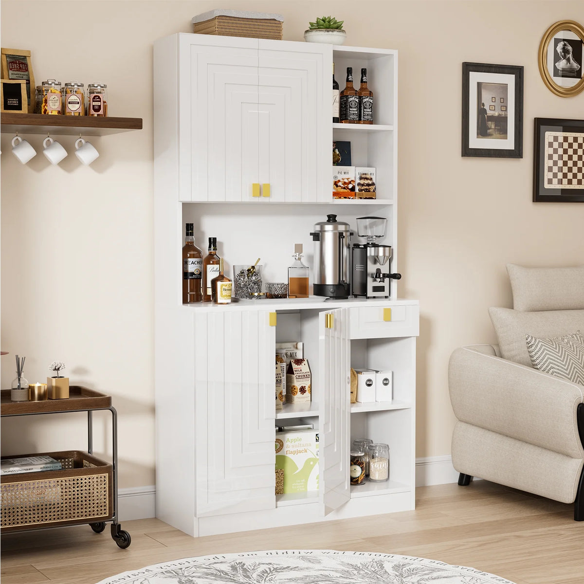 Planntonneo 71'' Tall Kitchen Pantry Storage Hutch Cabinet with Doors and Shelves, Grey Oak