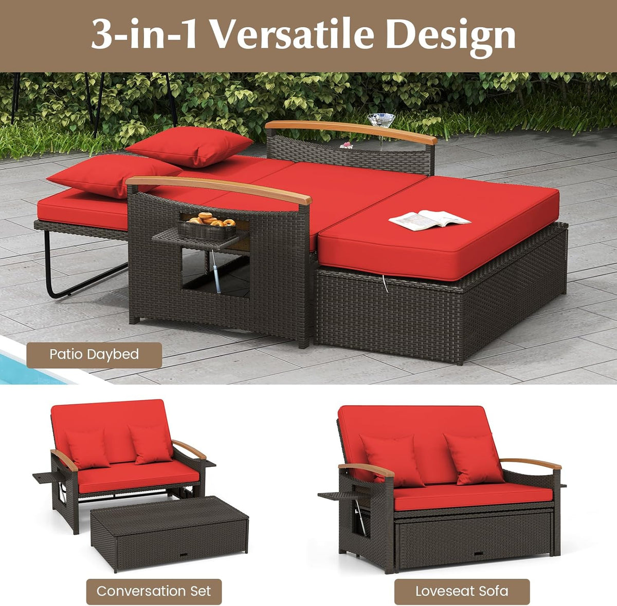 Outdoor Wicker Sofa Daybed with Adjustable Backrest and Storage Ottoman
