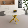 UHOMEPRO Extendable Dining Table with Extendable Blades, Modern Round Kitchen Table with Faux Marble Tabletop, Single Dining Room Table with Carbon Steel X - Shaped Base for Dining Room, White+Gold