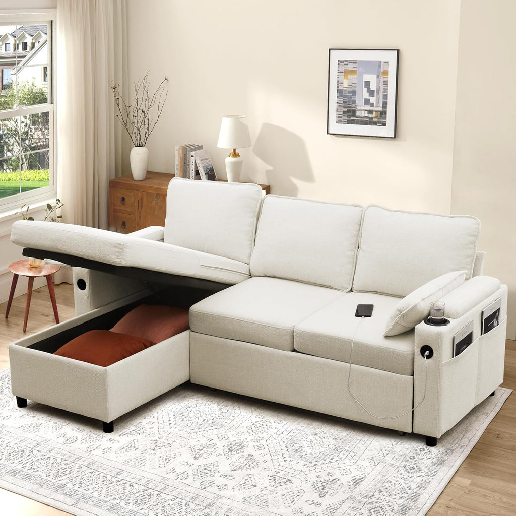 L-Shaped Pull-Out Sleeper Sofa with Storage, USB and Cup Holders