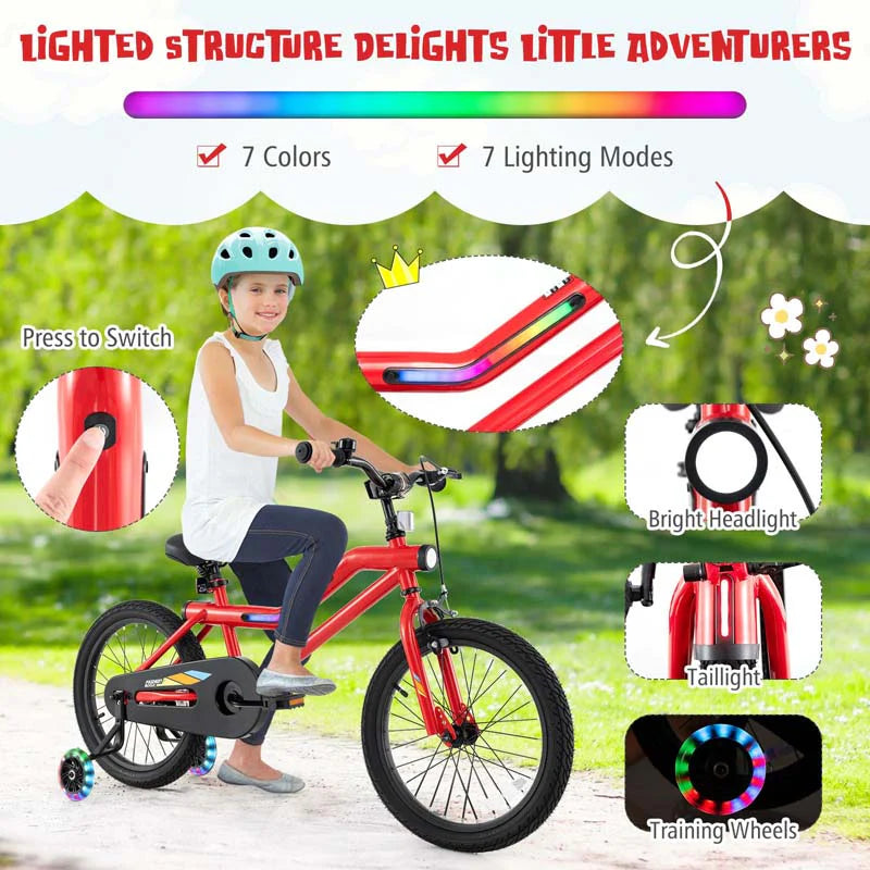 16/18 Inch LED Lighted Kids Bike with Training Wheels, Headlight, Adjustable Seat & Dual Brakes, Children Bicycle for Ages 4-8 Years