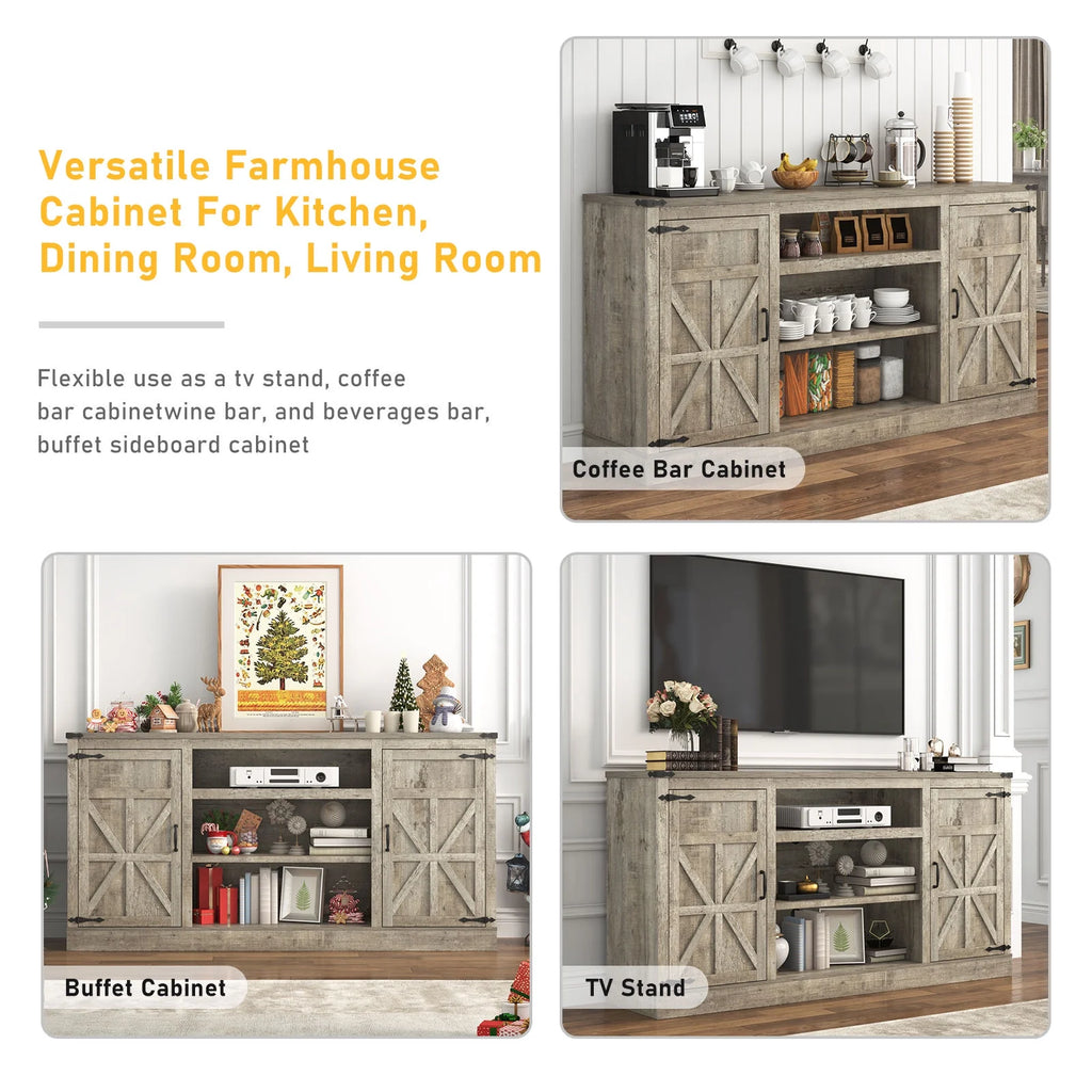 Chvans Farmhouse Barn Door TV Stand for up to 65" Tvs & 23" Electric Fireplace, Entertainment Center Console Table with Adjustable Shevles