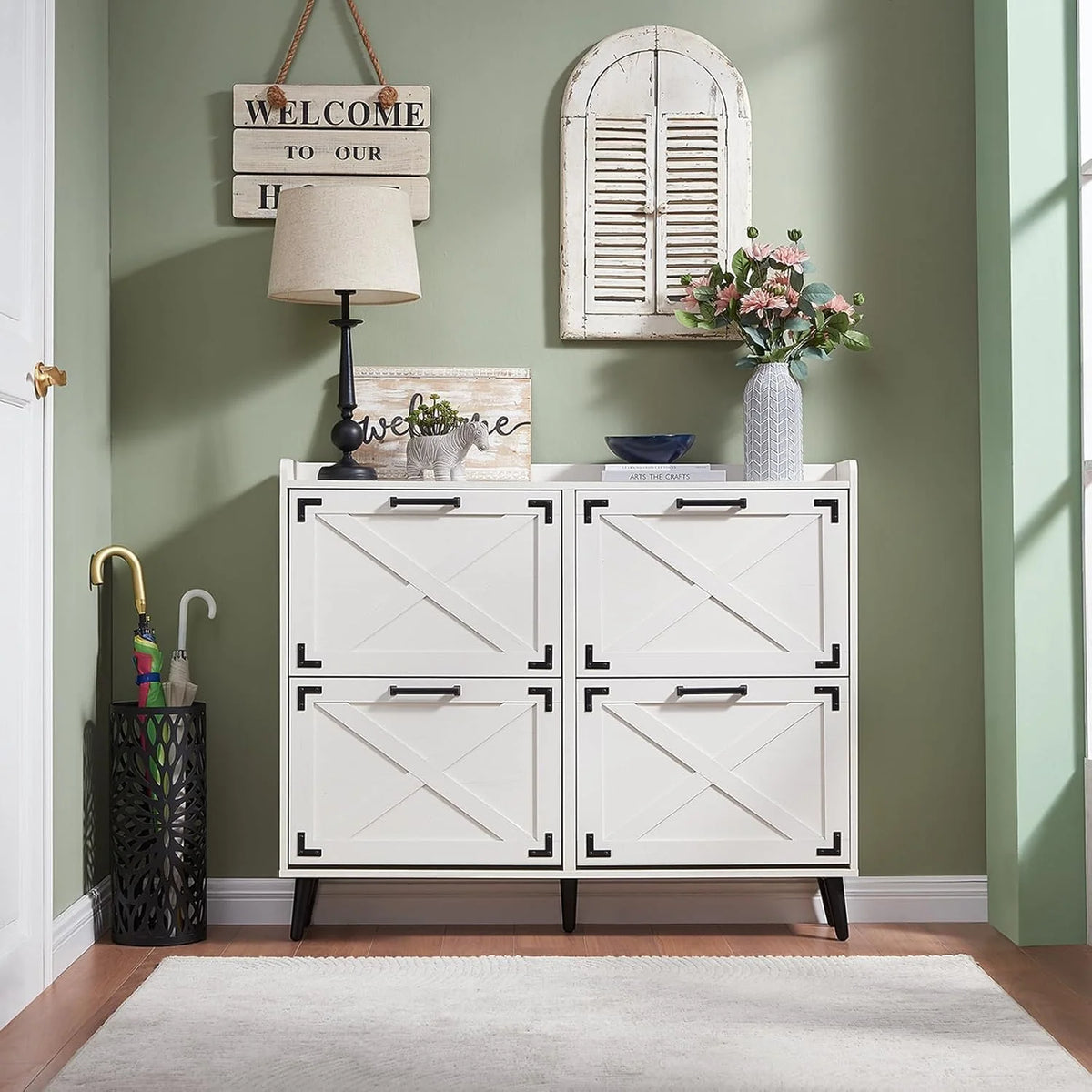 Shoe Storage Cabinet with Four Flip Drawers, Walnut