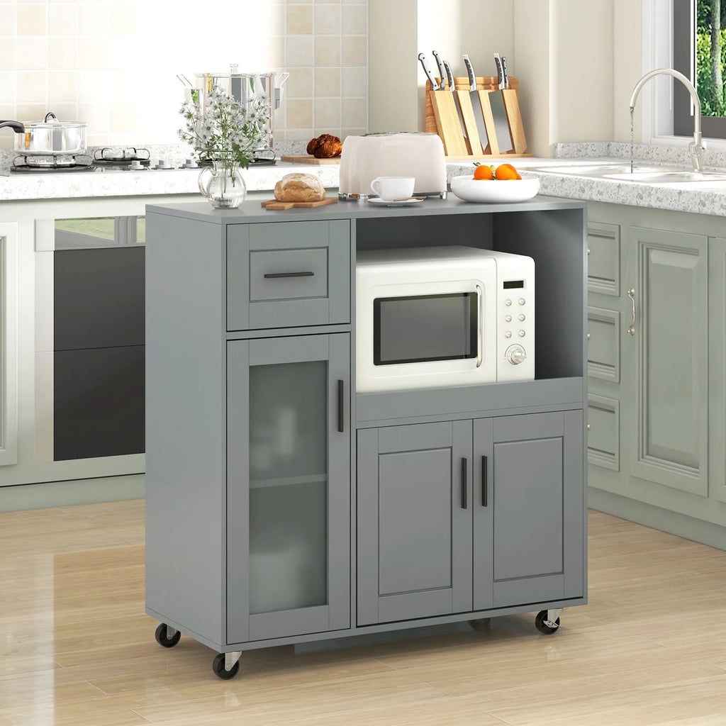 Topbuy Rolling Kitchen Island with Wheels Kitchen Cart?with Drawer and Glass Door Cabinet
