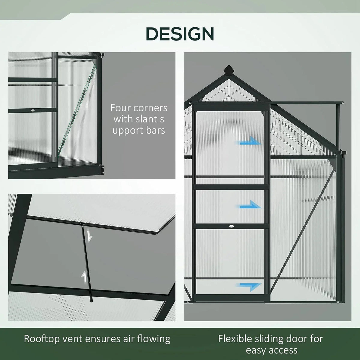 Walk-In Polycarbonate Greenhouse with Sliding Door and Roof Vent