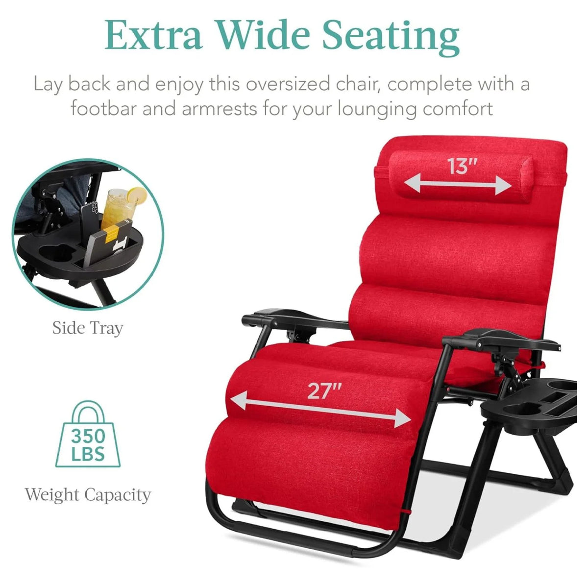 Oversized Chair, Folding Outdoor Patio Recliner, XL Anti Gravity Lounger W/Removable Cushion, Cup Holder, Side Tray, 350 lb Capacity - Taupe