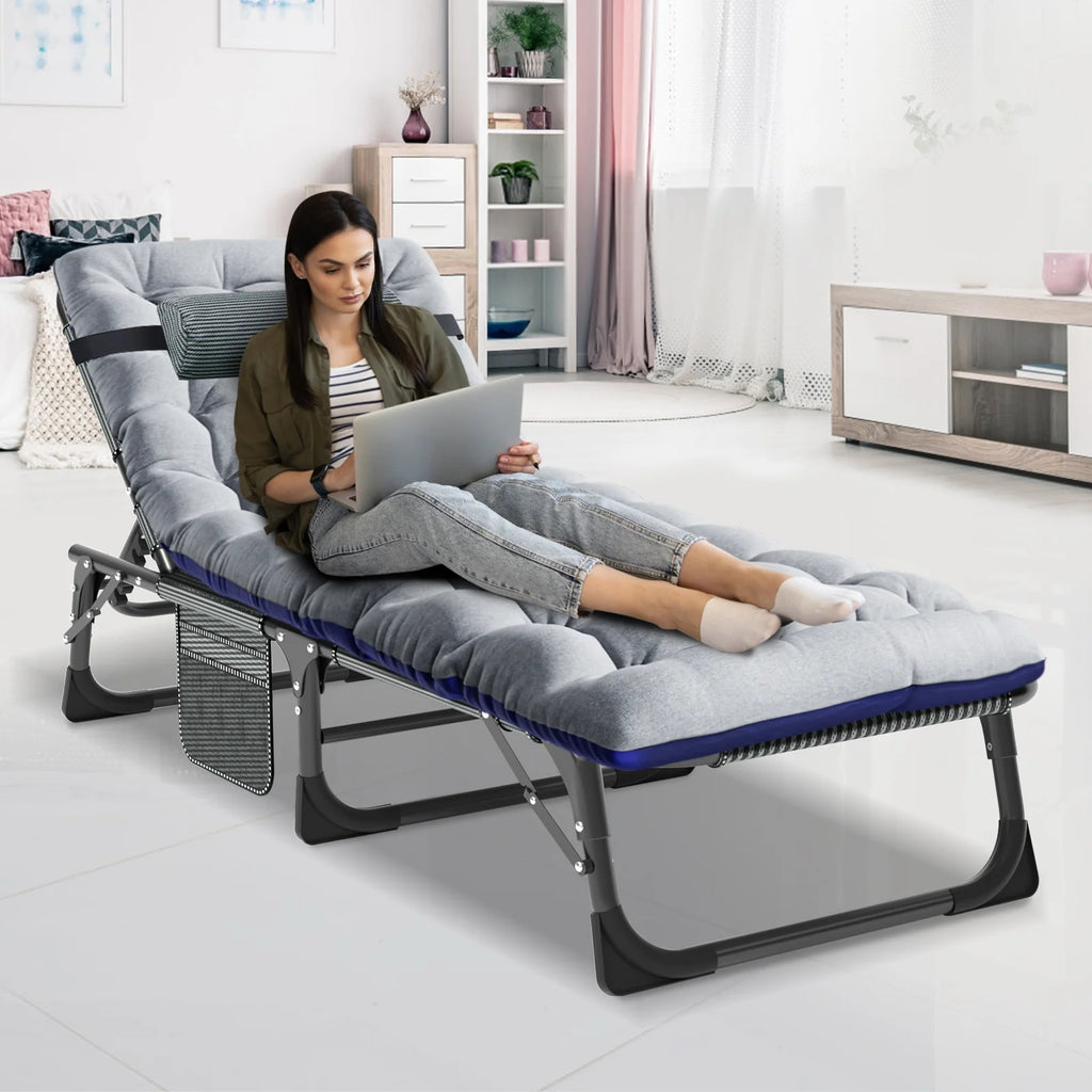 MOPHOTO Lounge Chair with Mattress, Outdoor Chaise Lounge Support 440 lb, Adjustable Portable Heavy Duty Sleeping Cots Bed for Camping, Pool, Beach, Patio