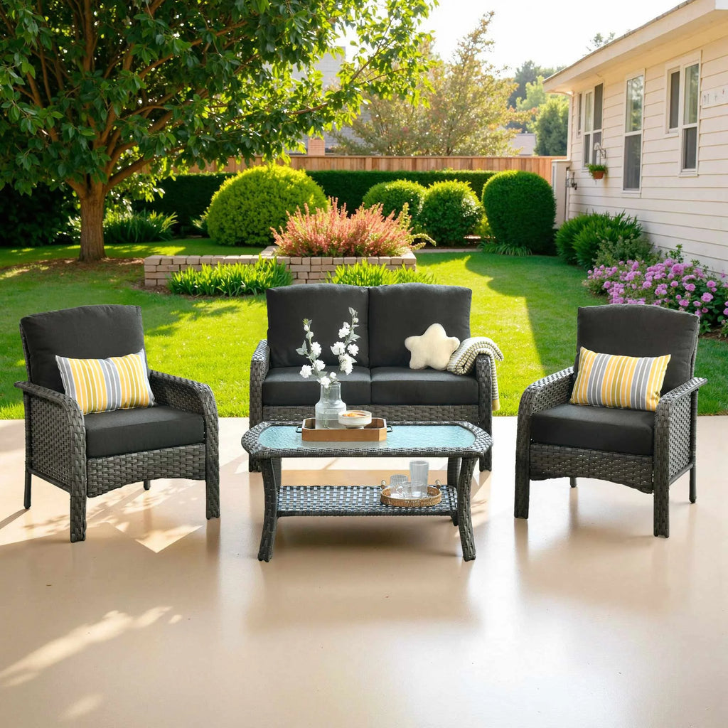 Ovios 4 Pieces Wicker Outdoor Patio Furniture with Coffee Table High Back All-Weather Rattan Outdoor Sectional Conversation Set for Backyard Porch Garden, Denim Blue