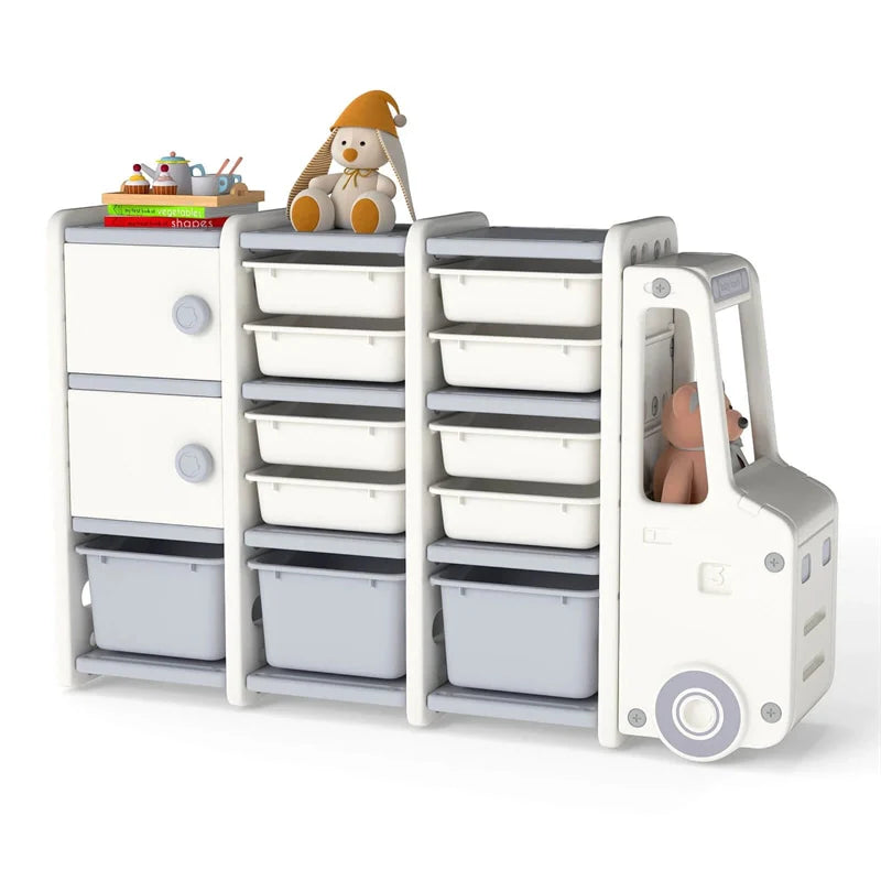 Truck-Shaped Kids Toy Storage Organizer with 11 Removable Bins, 2 Cabinets & Top Shelf, Toddler Bookshelf for Playroom & Kids Room