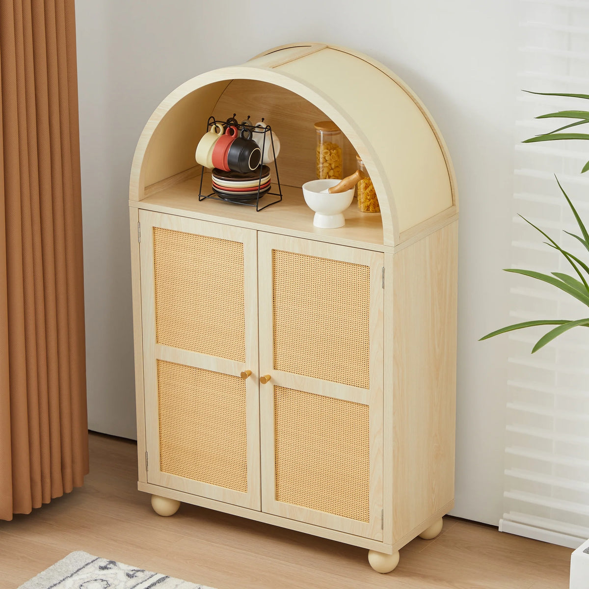 Wirrytor Arched Kitchen Storage Cabinet, Sideboard Buffet Cabinet with 2 - Tier and 2 Doors, Black Sideboard, Kitchen Pantry Cabinet, Wooden Storage Cabinet for Living Room