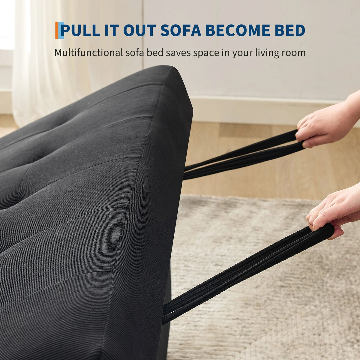 3 in 1 Convertible Sleeper Sofa Bed, Corduroy Futon Couches with Pull - Out Bed, Adjustable Backrest, Charging Port & Side Pockets, Modern Upholstered Sofa for Living Room, Guest Room
