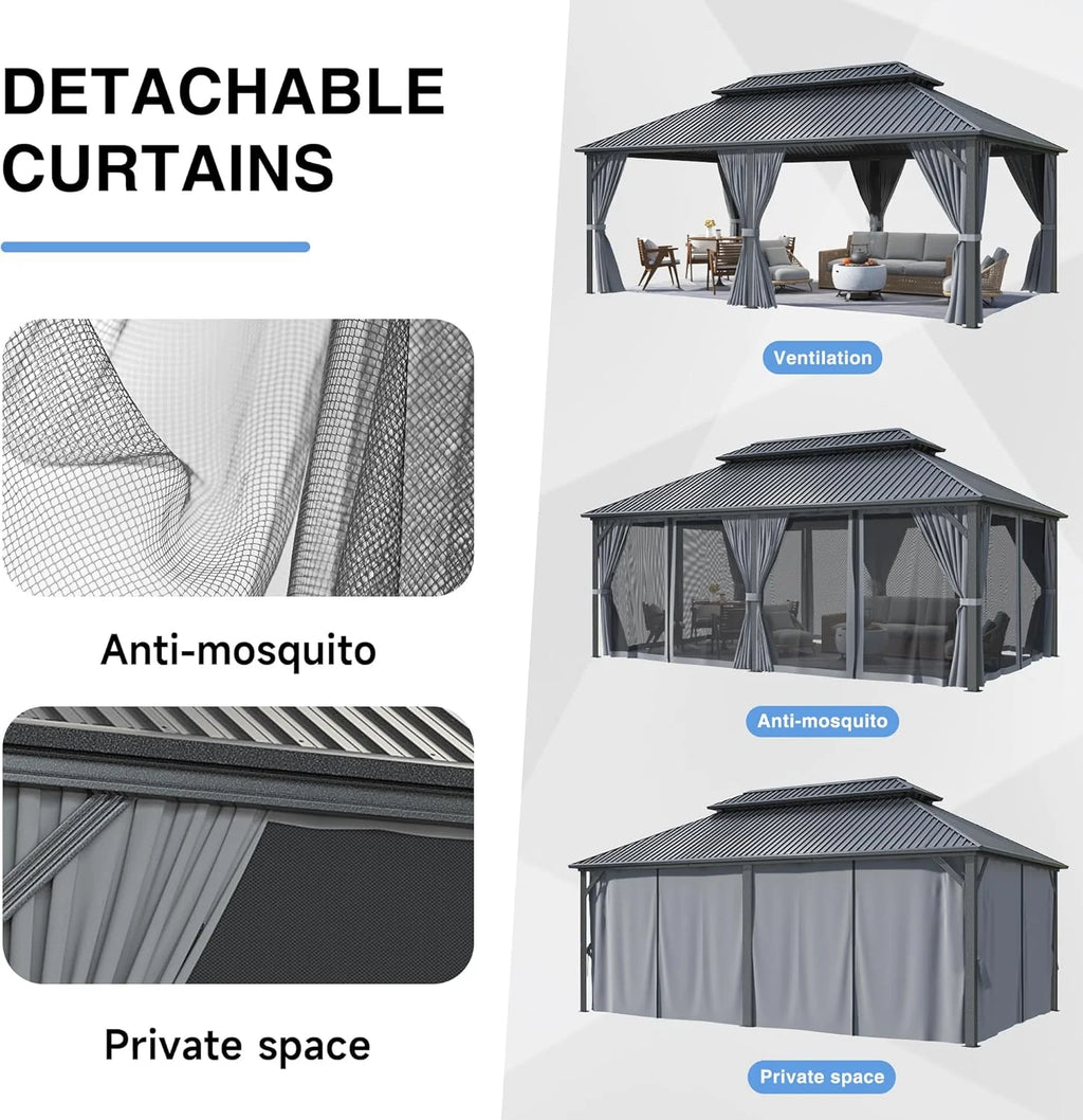 MUCHANT 10'X12' Hardtop Gazebo with Aluminum Frame, Permanent Outdoor Pavilion Metal Gazebo with Galvanized Steel Double Roof & Mosquito Netting and Curtains for Patios, Gardens, Lawns, Gray