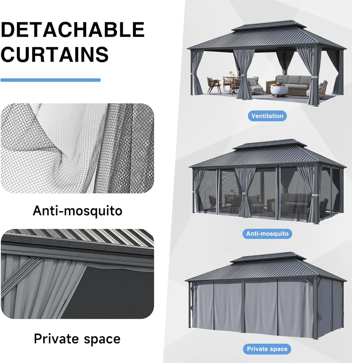MUCHANT 10'X12' Hardtop Gazebo with Aluminum Frame, Permanent Outdoor Pavilion Metal Gazebo with Galvanized Steel Double Roof & Mosquito Netting and Curtains for Patios, Gardens, Lawns, Gray
