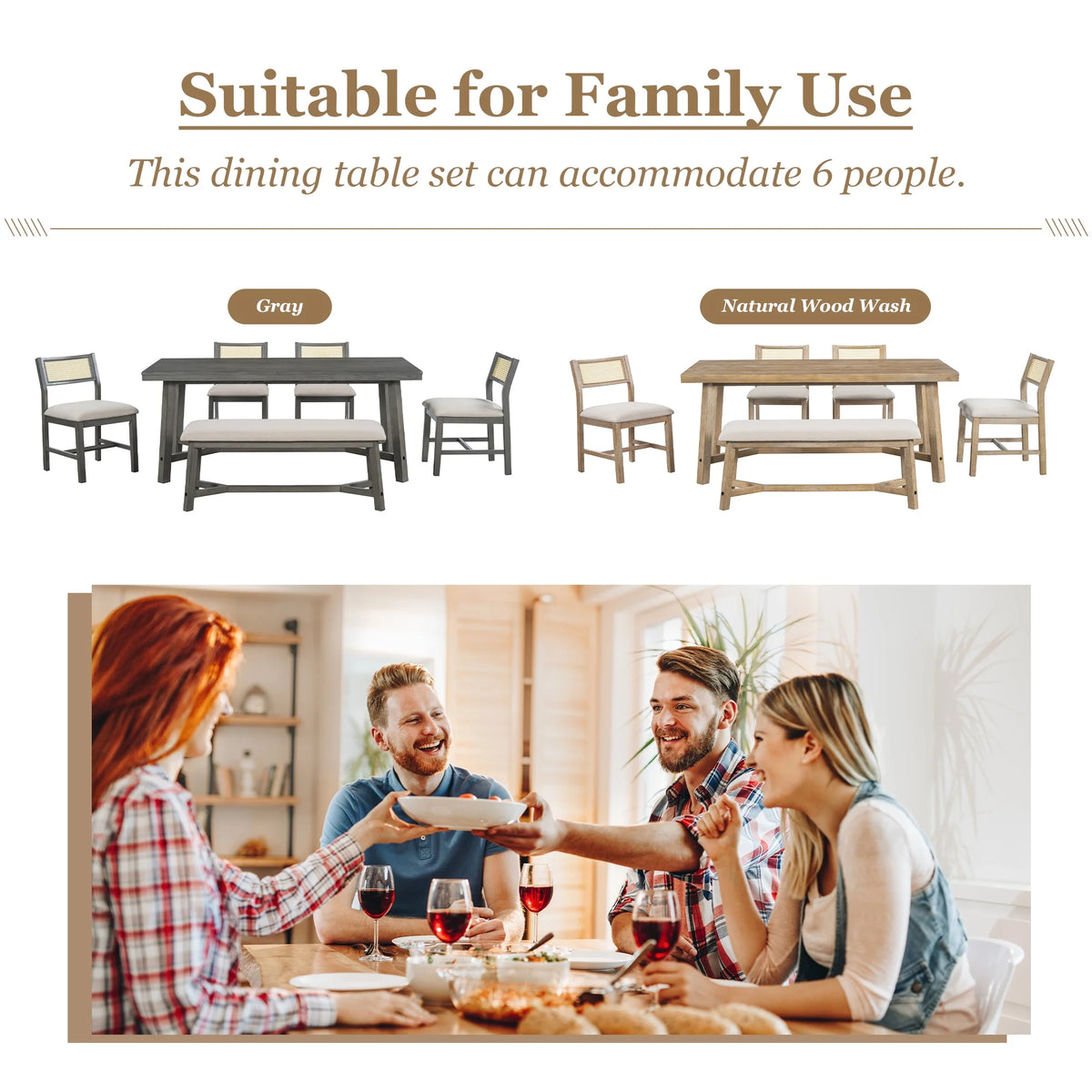PORKISS 6 - Piece Dining Room Set, Farmhouse Dining Table Set with Bench and 4 Upholstered Chairs, Natural
