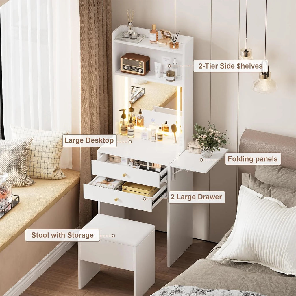 Montary Modern Mini Vanity W/Adjustable LED Mirror + Hidden Storage, Padded Stool & Dustproof Shelves (White)