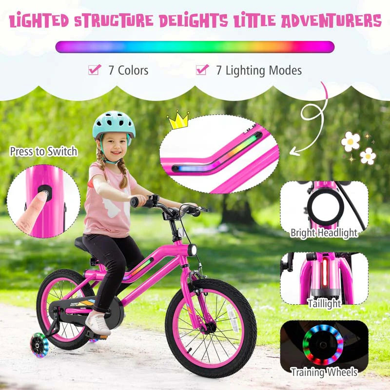 16/18 Inch LED Lighted Kids Bike with Training Wheels, Headlight, Adjustable Seat & Dual Brakes, Children Bicycle for Ages 4-8 Years
