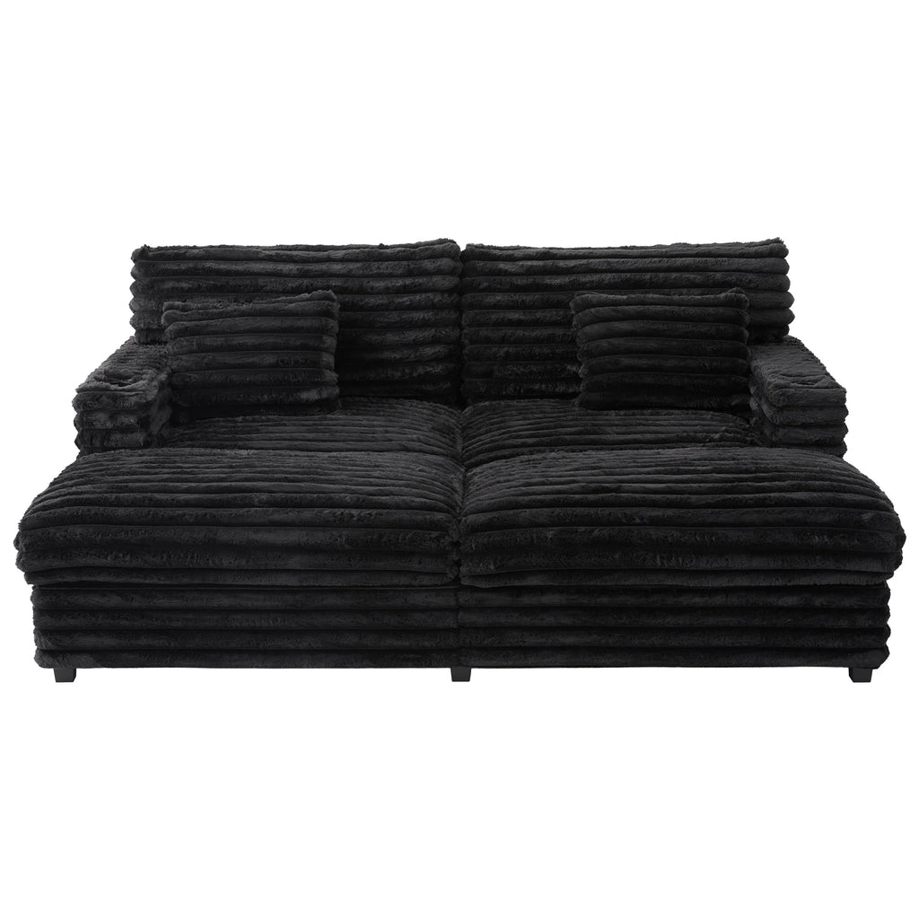 Oversized Double Chaise Lounge, Faux Fur Upholstered Deep Seat Sofa with 2 Pillows, 2 Cupholders, and Dual USB Ports