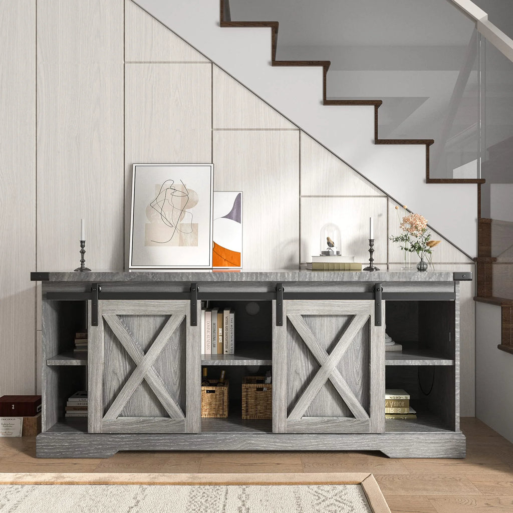 Chvans Farmhouse Barn Door TV Stand for up to 65" Tvs & 23" Electric Fireplace, Entertainment Center Console Table with Adjustable Shevles