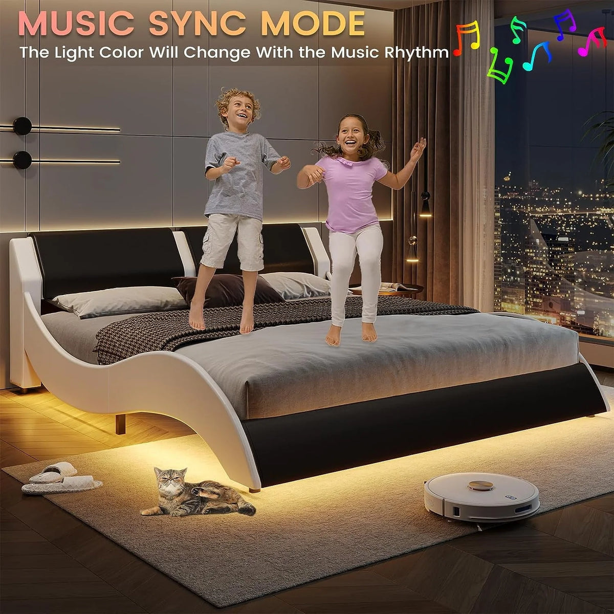 Queen Size Bed Frame with LED Lights, Modern Platform Bed Frame with Upholstered Headboard, Faux Leather Wave Like Low Profile Bed Frame, No Box Spring Needed, Black