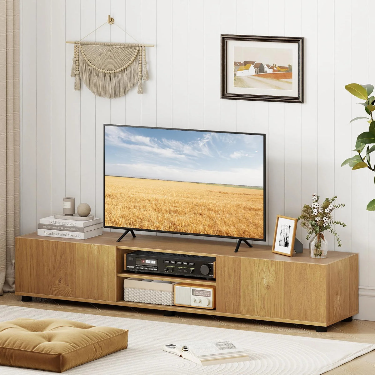 Tangkula Modern TV Stand 63”L Minimalist Entertainment Center w/ 2 Doors & Open Shelves