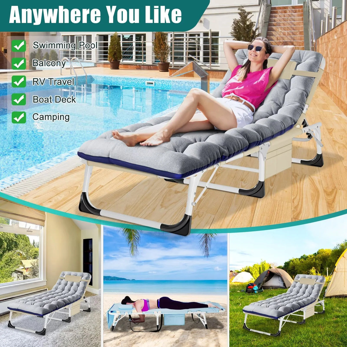 MOPHOTO Lounge Chair with Mattress, Outdoor Chaise Lounge Support 440 lb, Adjustable Portable Heavy Duty Sleeping Cots Bed for Camping, Pool, Beach, Patio