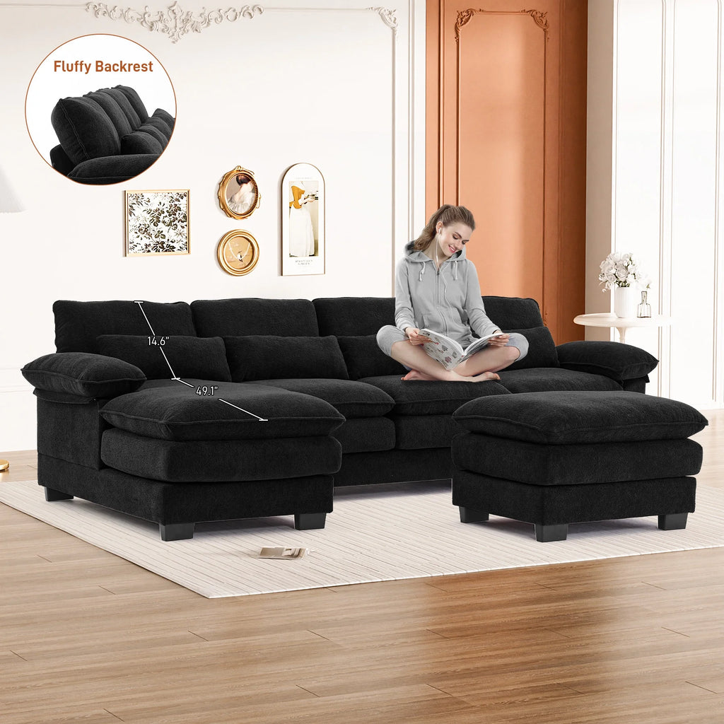 Rophefx 114.3" U Shaped Sectional Couches for Living Room, Cloud Couch, 4 Seats Chenille Couch with Double Layer Cushion, Orange